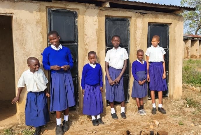 Students in front of the new toilet block in Nyambori