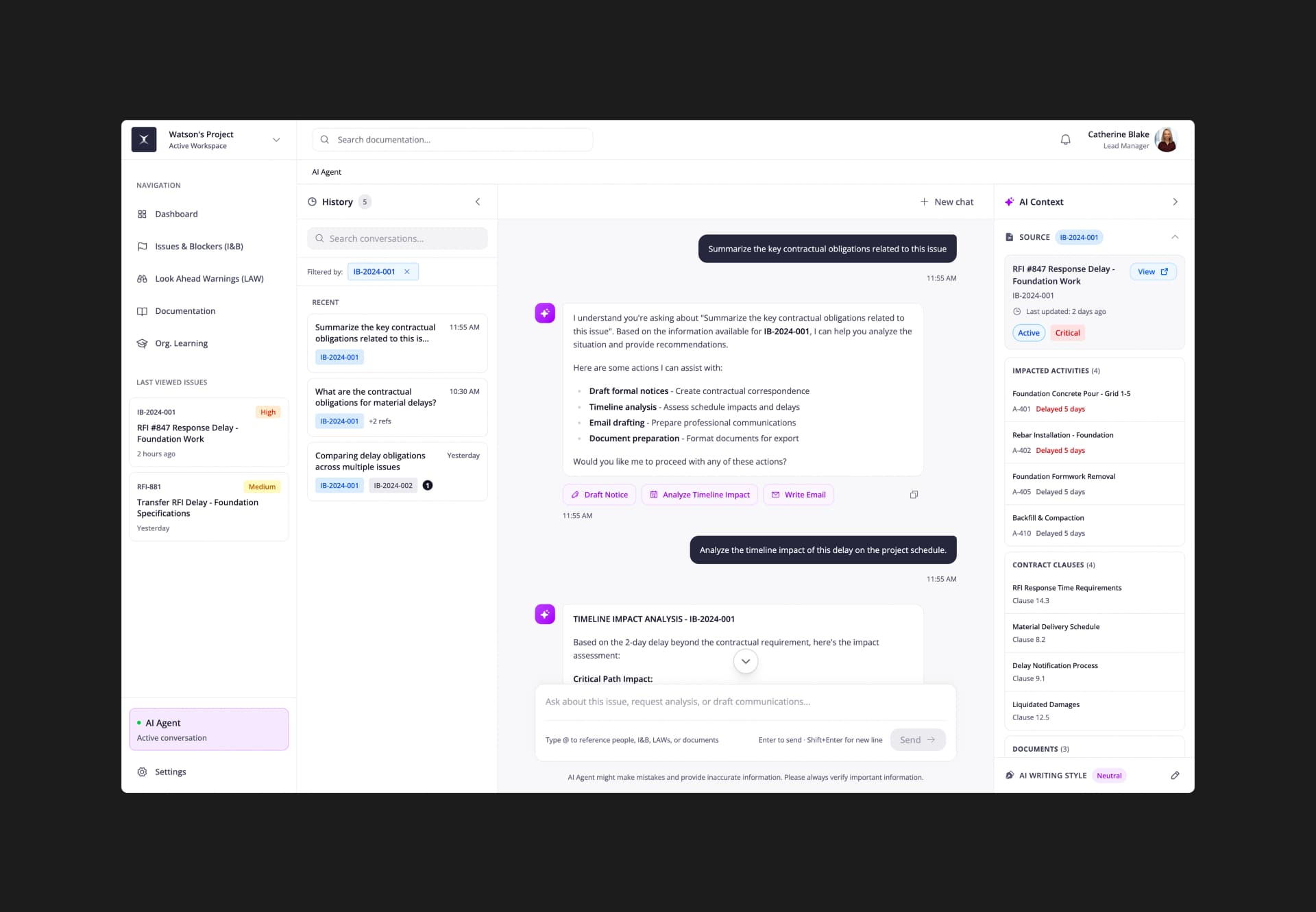 AI Agent chat with contract clause and activity context in Constructer AI