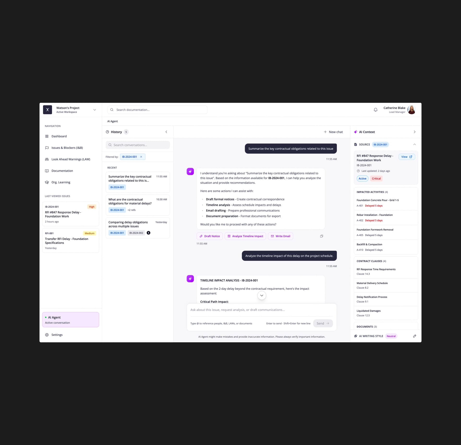 AI Agent chat with contract clause and activity context in Constructer AI