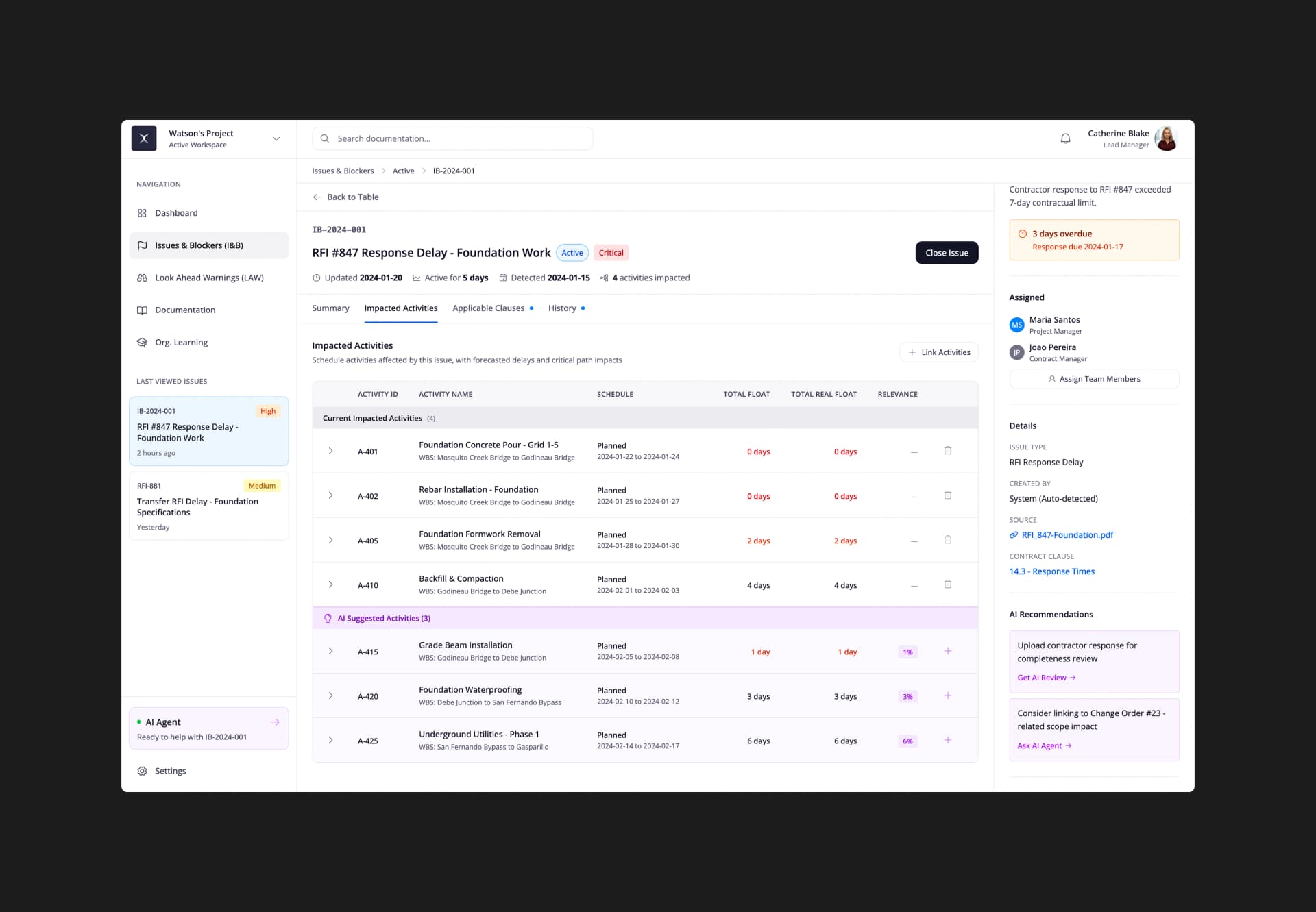 Impacted activities and schedule delay table in Constructer AI