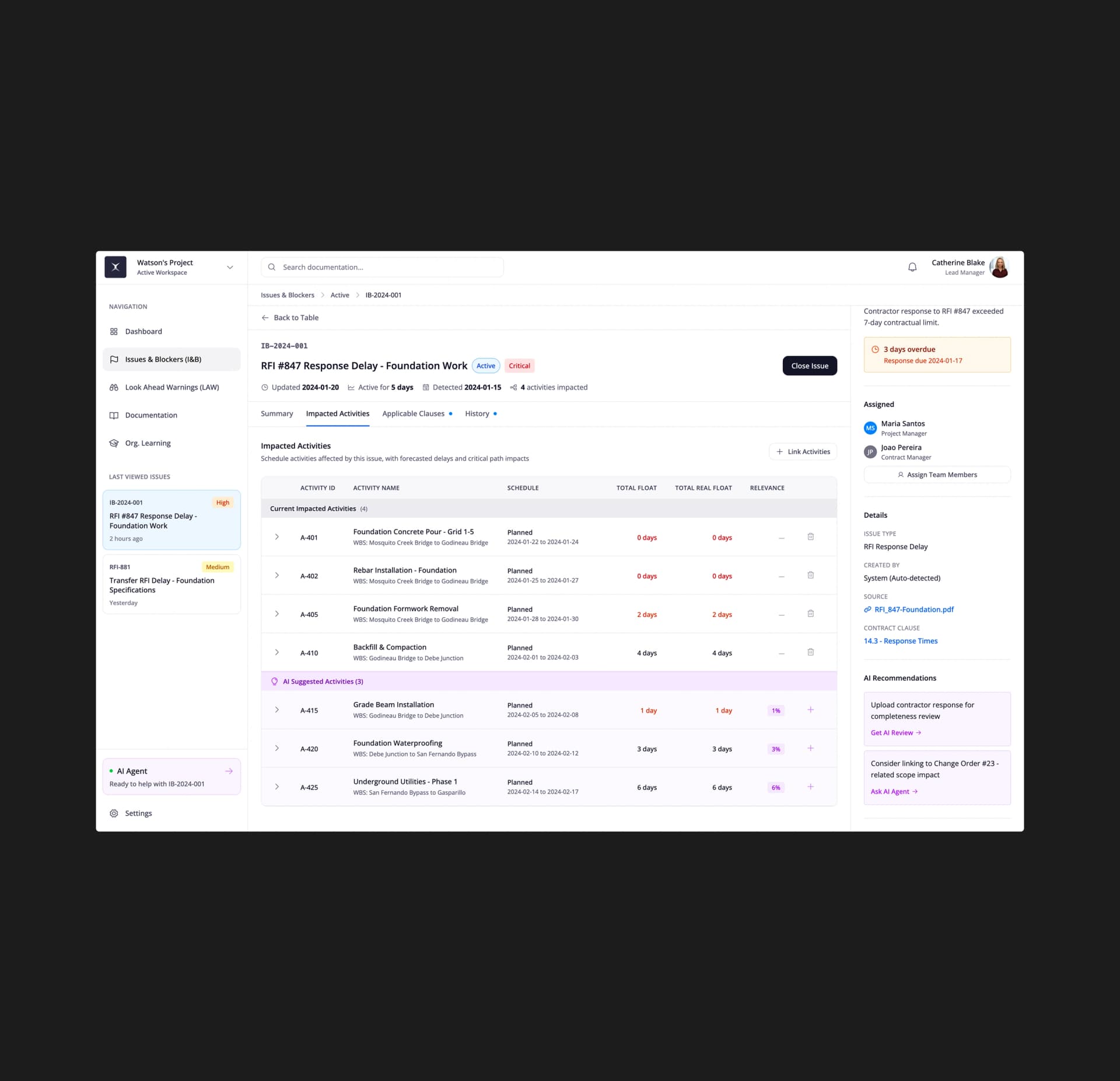 Impacted activities and schedule delay table in Constructer AI
