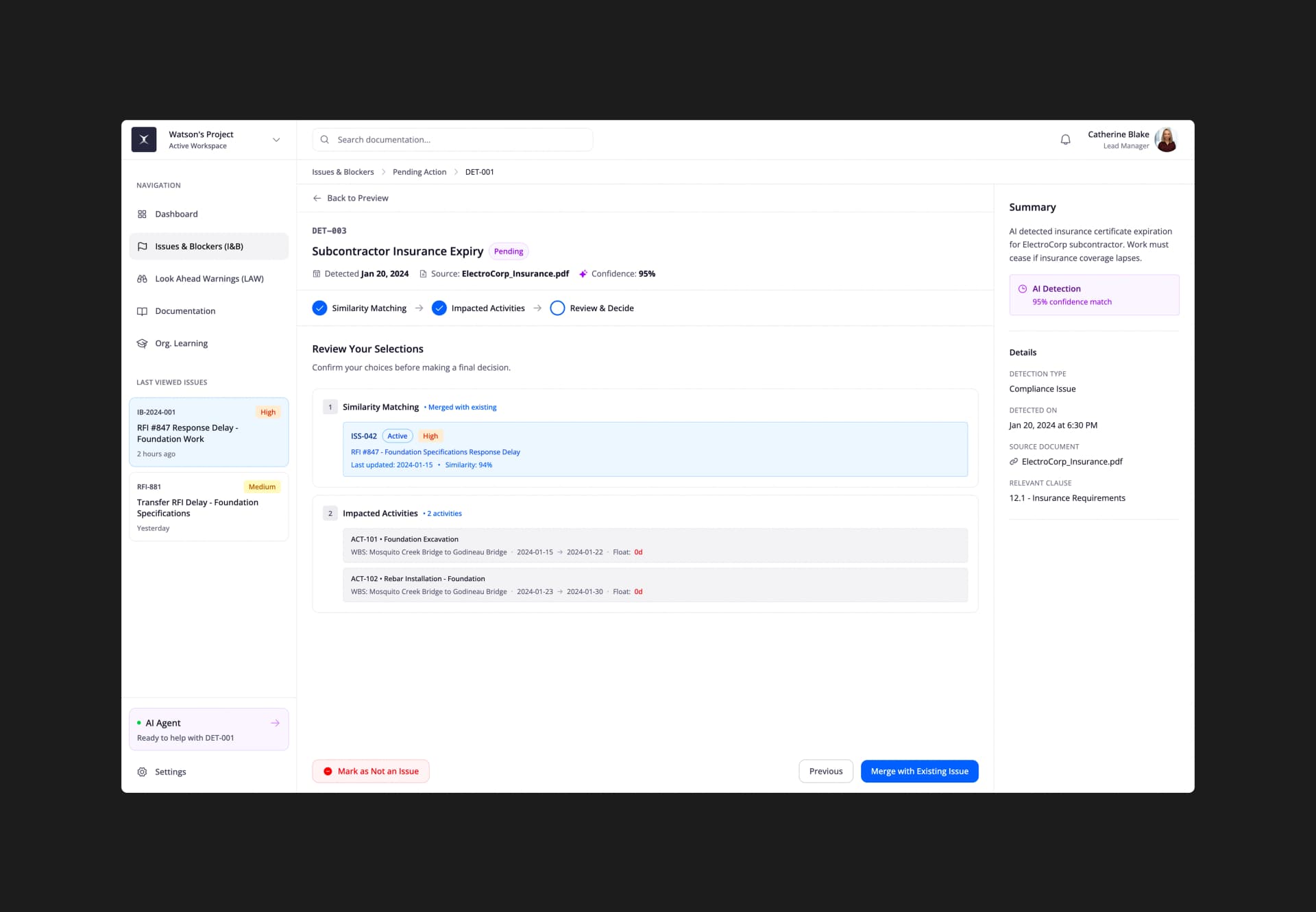 AI-detected compliance issue review screen in Constructer AI