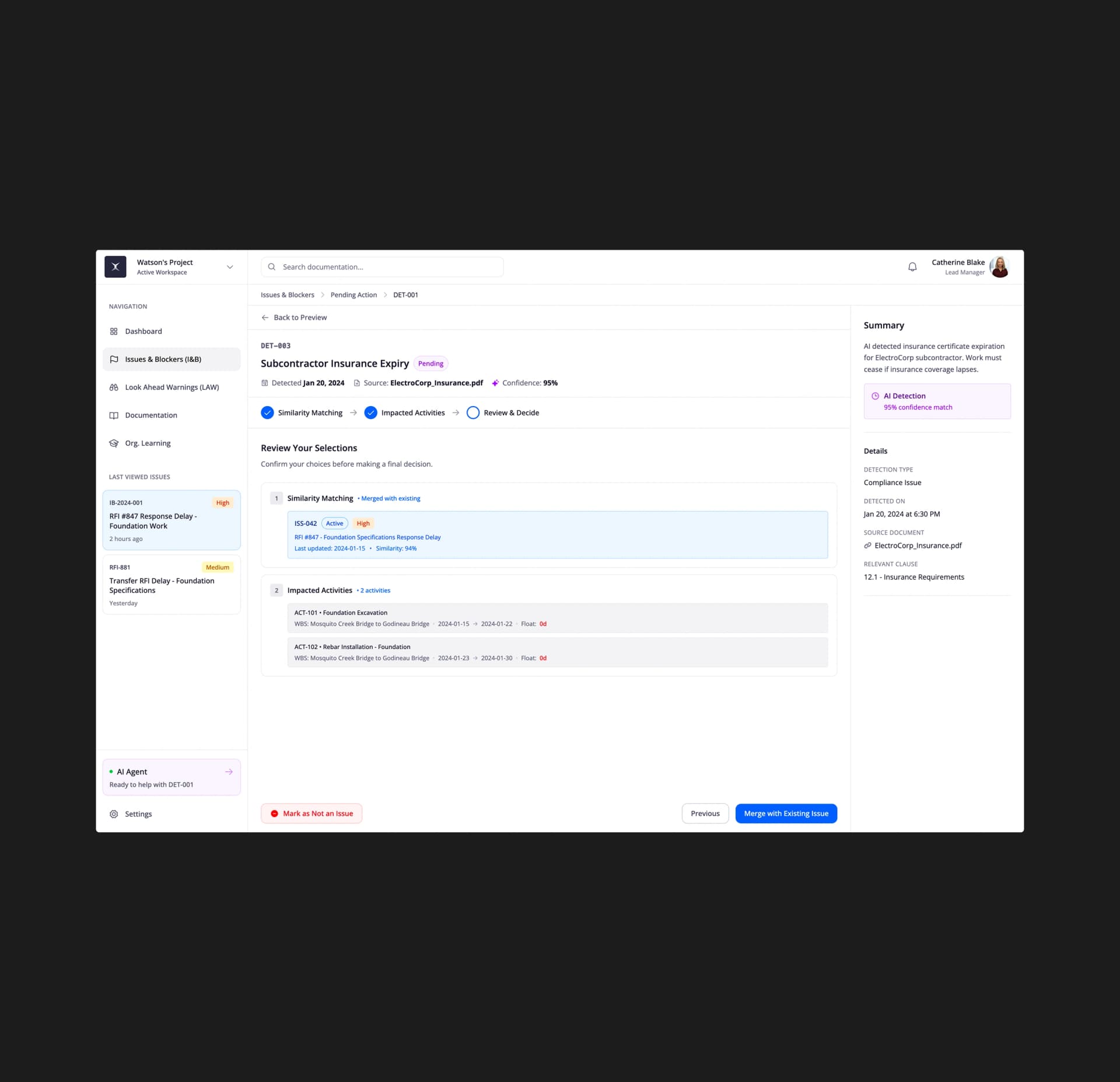 AI-detected compliance issue review screen in Constructer AI