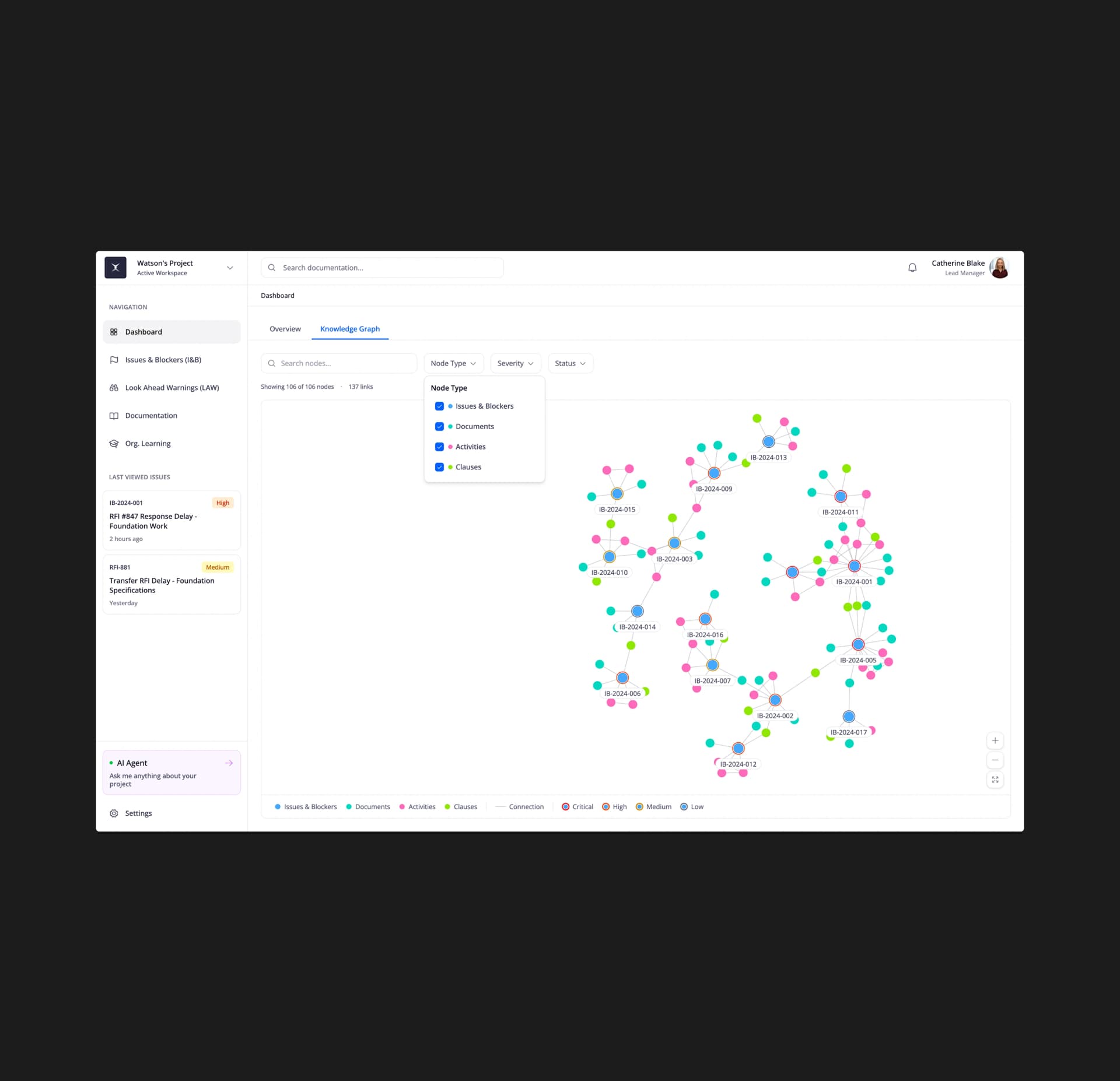 Knowledge graph linking issues, documents, and contract clauses in Constructer AI