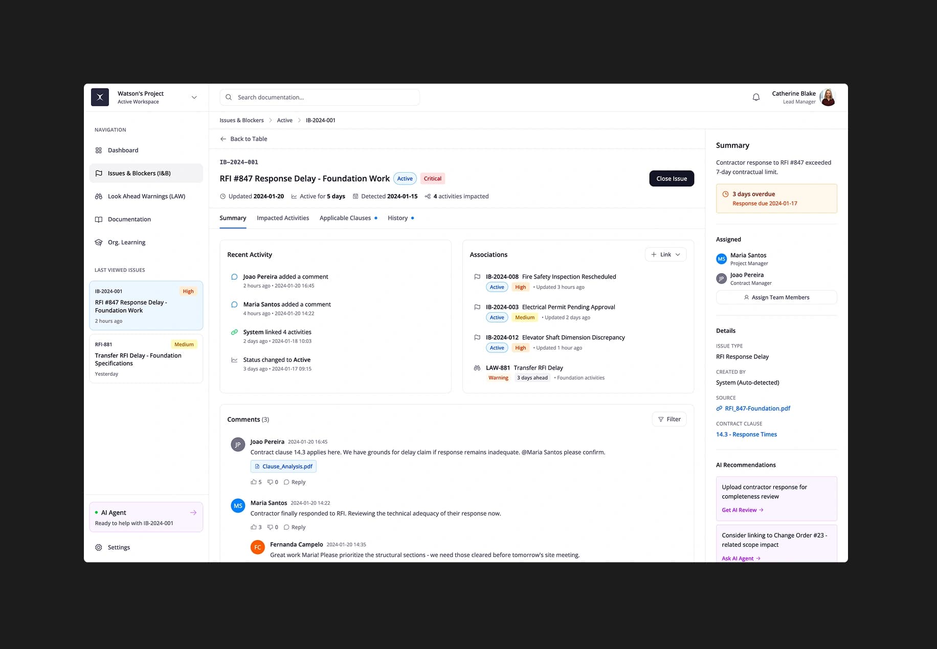 Issue detail view with recent activity and AI recommendations in Constructer AI