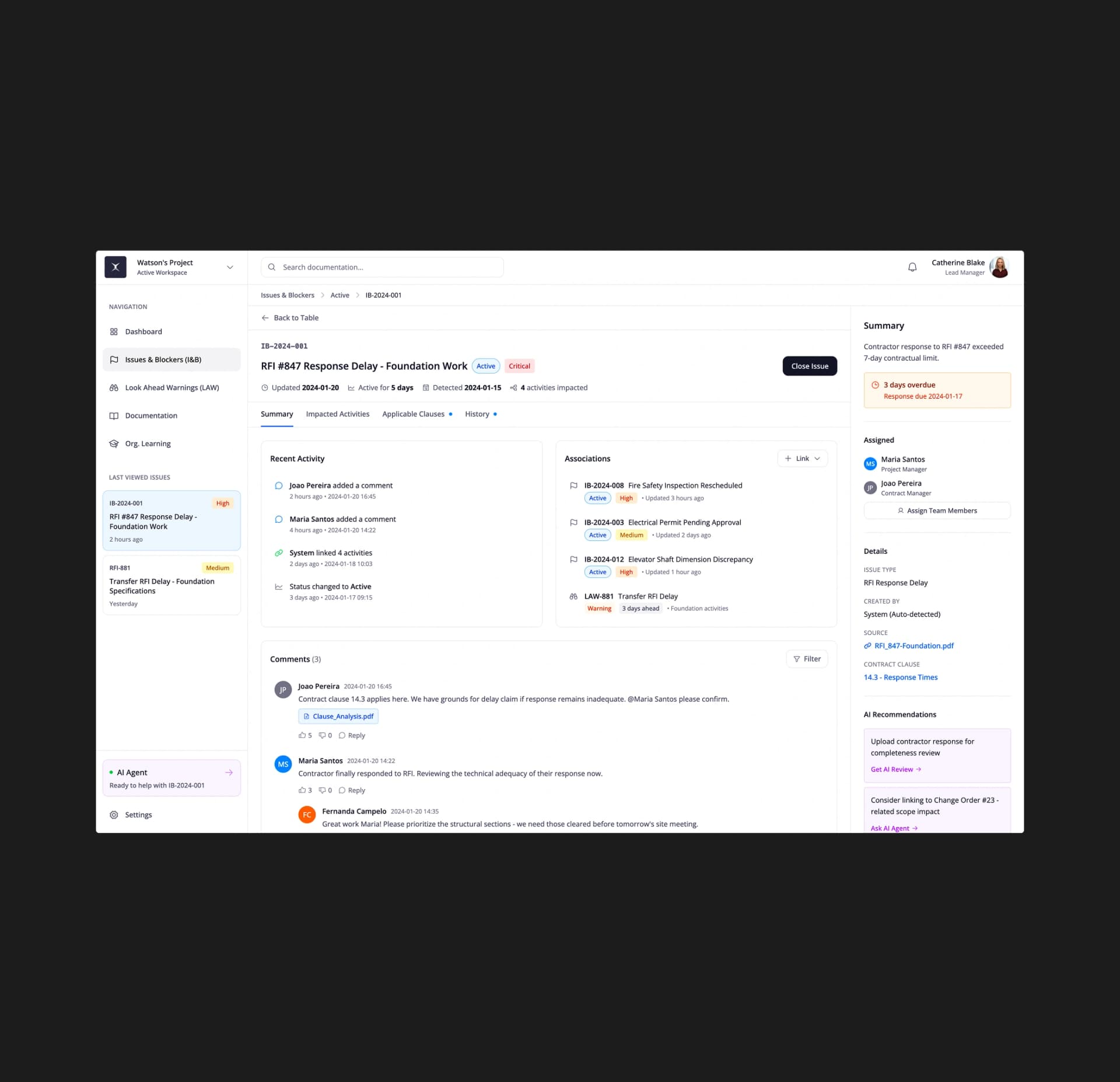 Issue detail view with recent activity and AI recommendations in Constructer AI