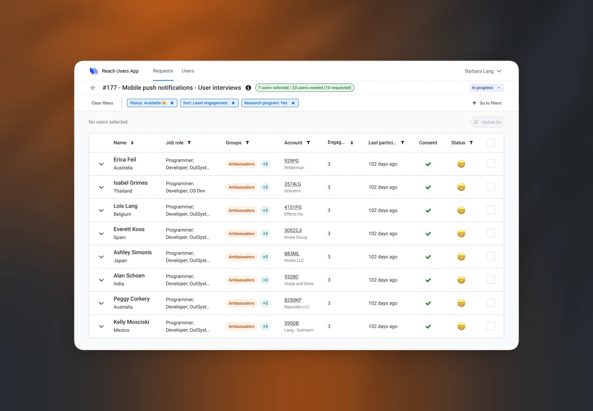 Candidate list for a research study request in Reach Users App