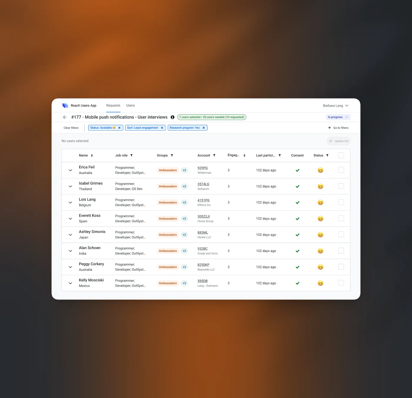 Candidate list for a research study request in Reach Users App