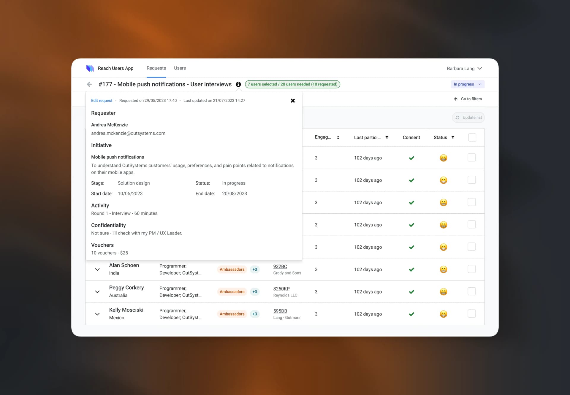 Research request details panel in Reach Users App