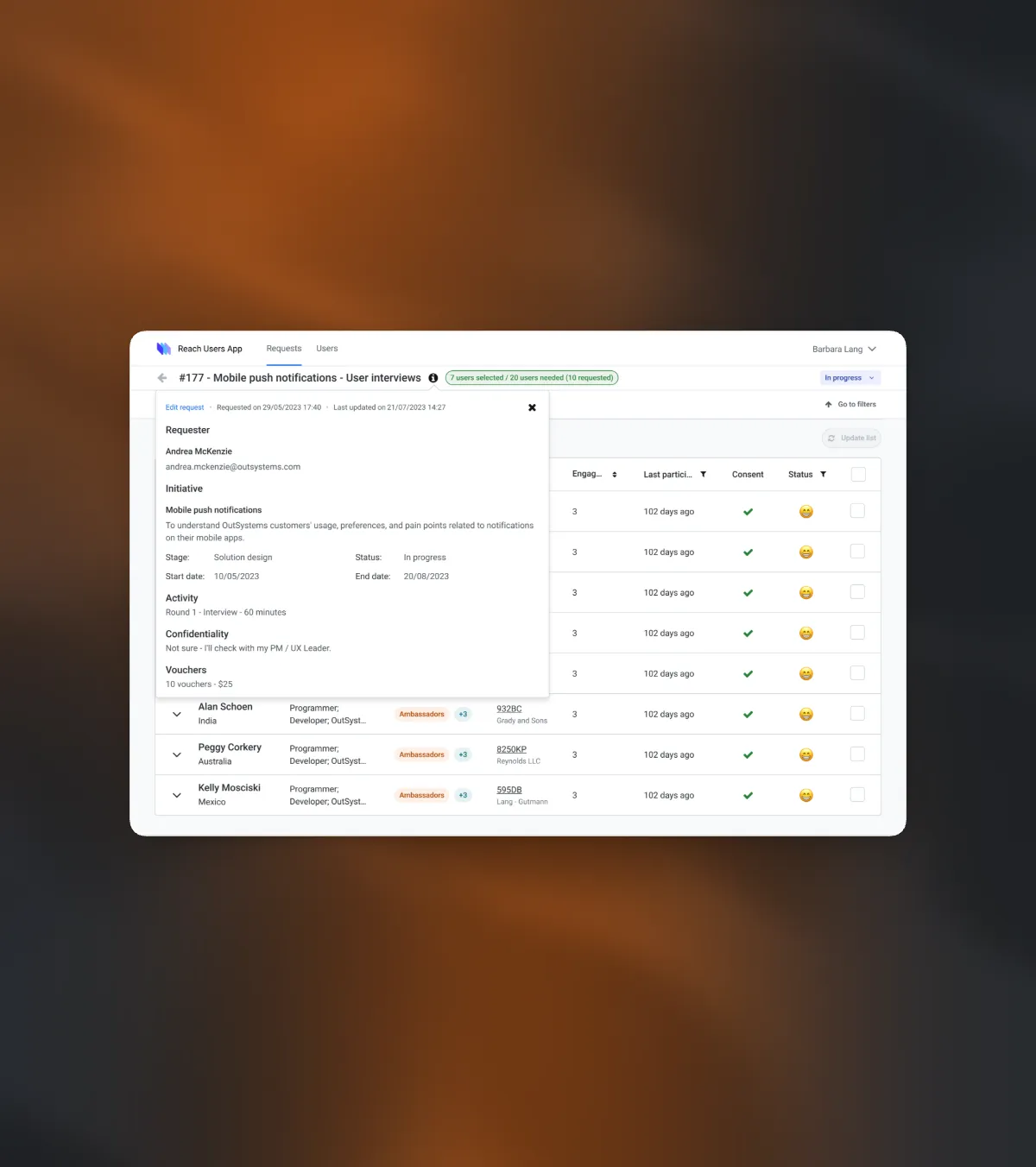 Research request details panel in Reach Users App
