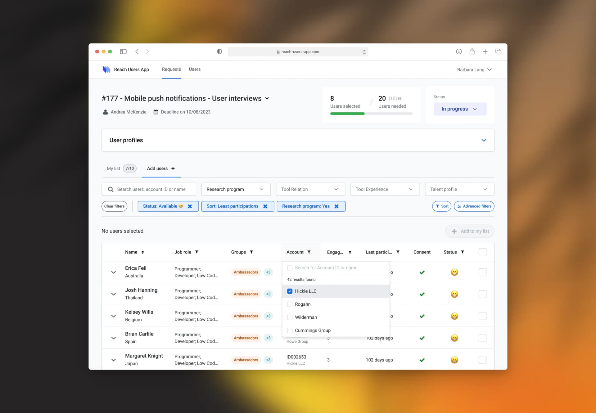 Participant search and filtering screen in Reach Users App