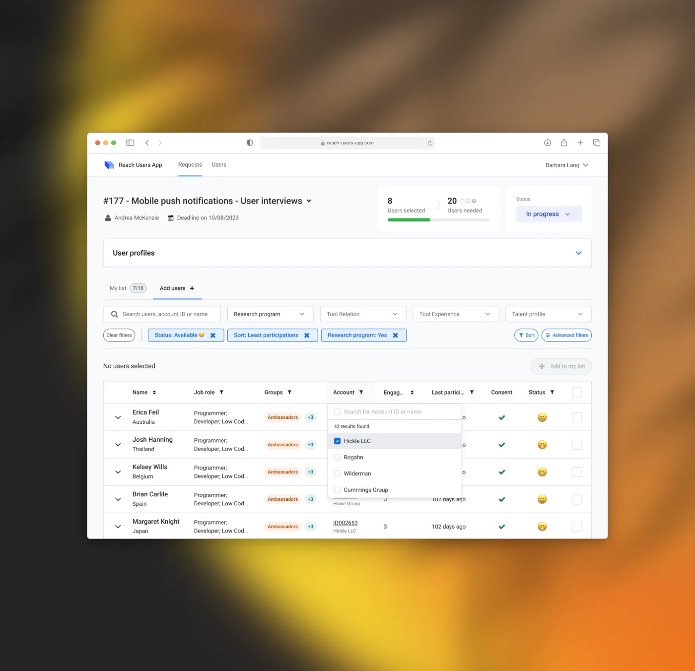 Participant search and filtering screen in Reach Users App