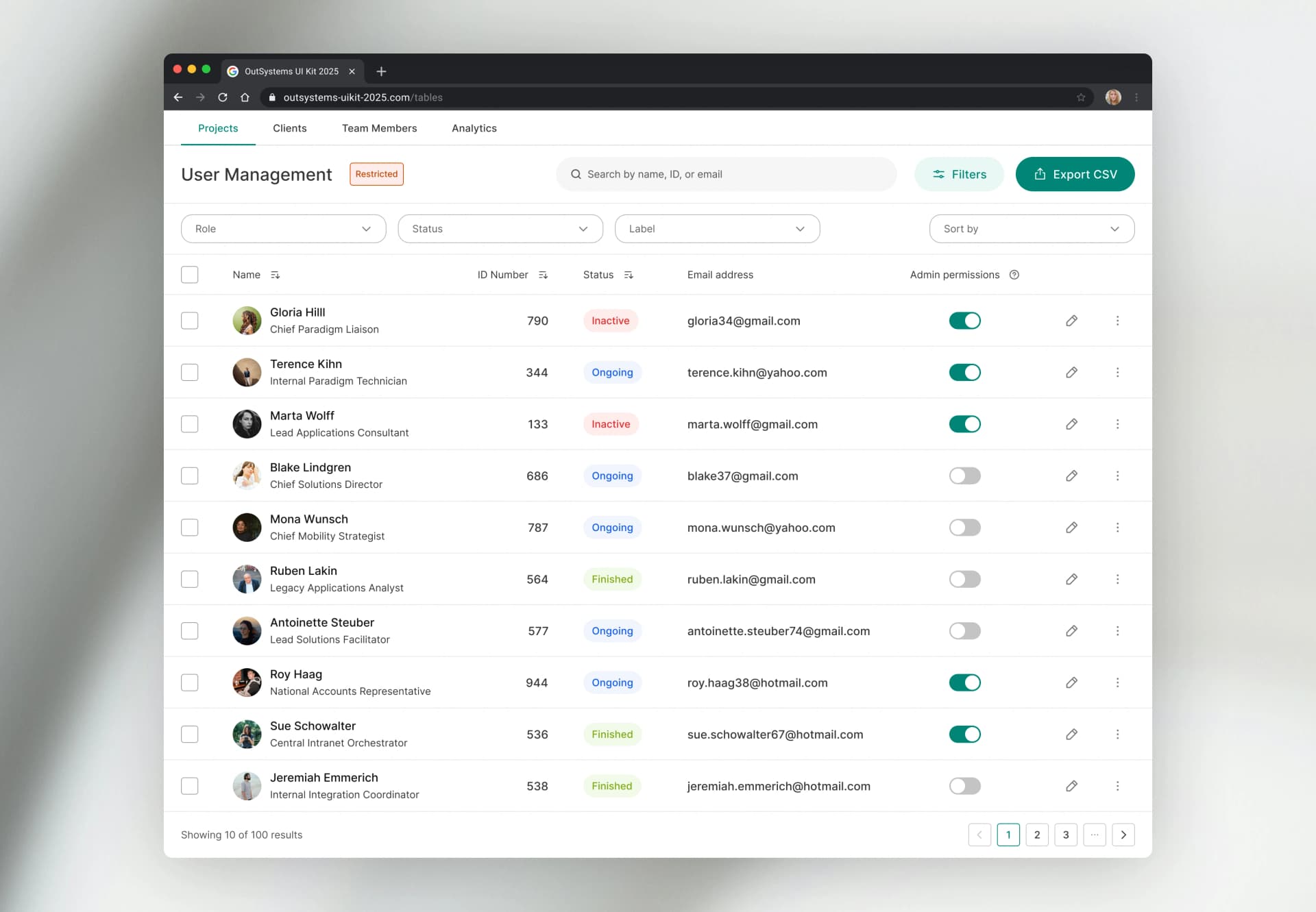Desktop user management dashboard designed with OutSystems UI Kit 2025