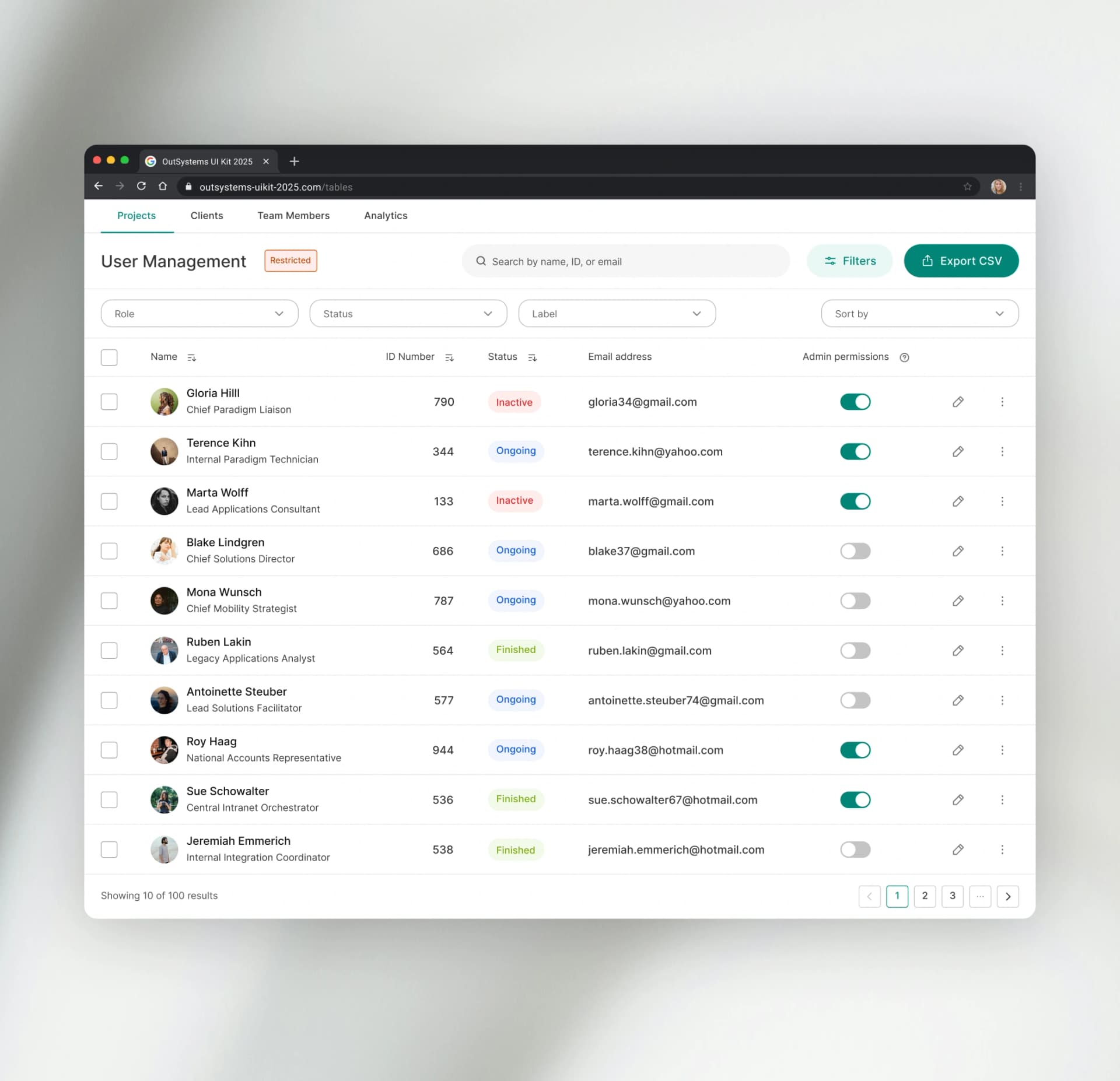 Desktop user management dashboard designed with OutSystems UI Kit 2025