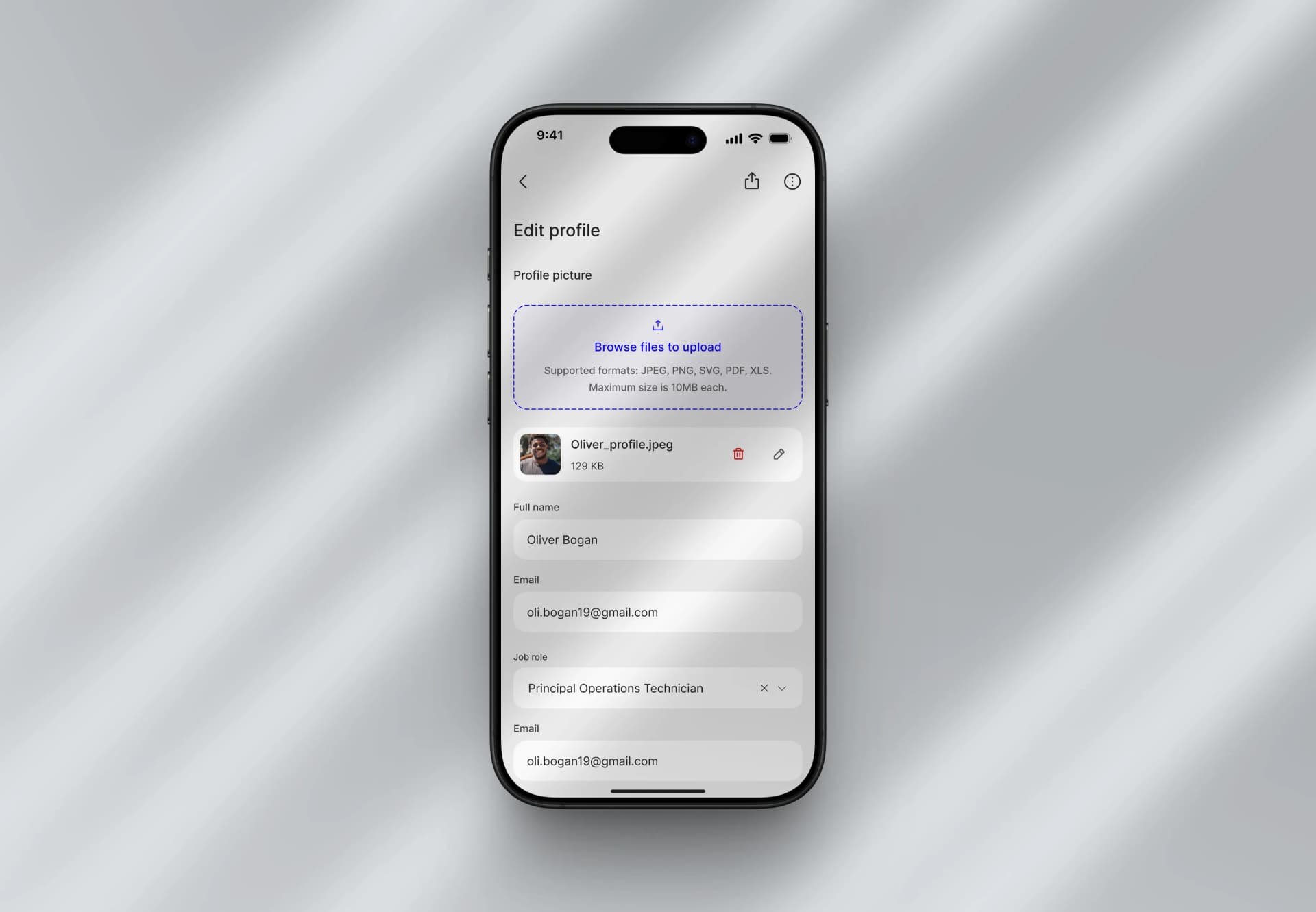 Mobile profile editing screen designed with OutSystems UI Kit 2025