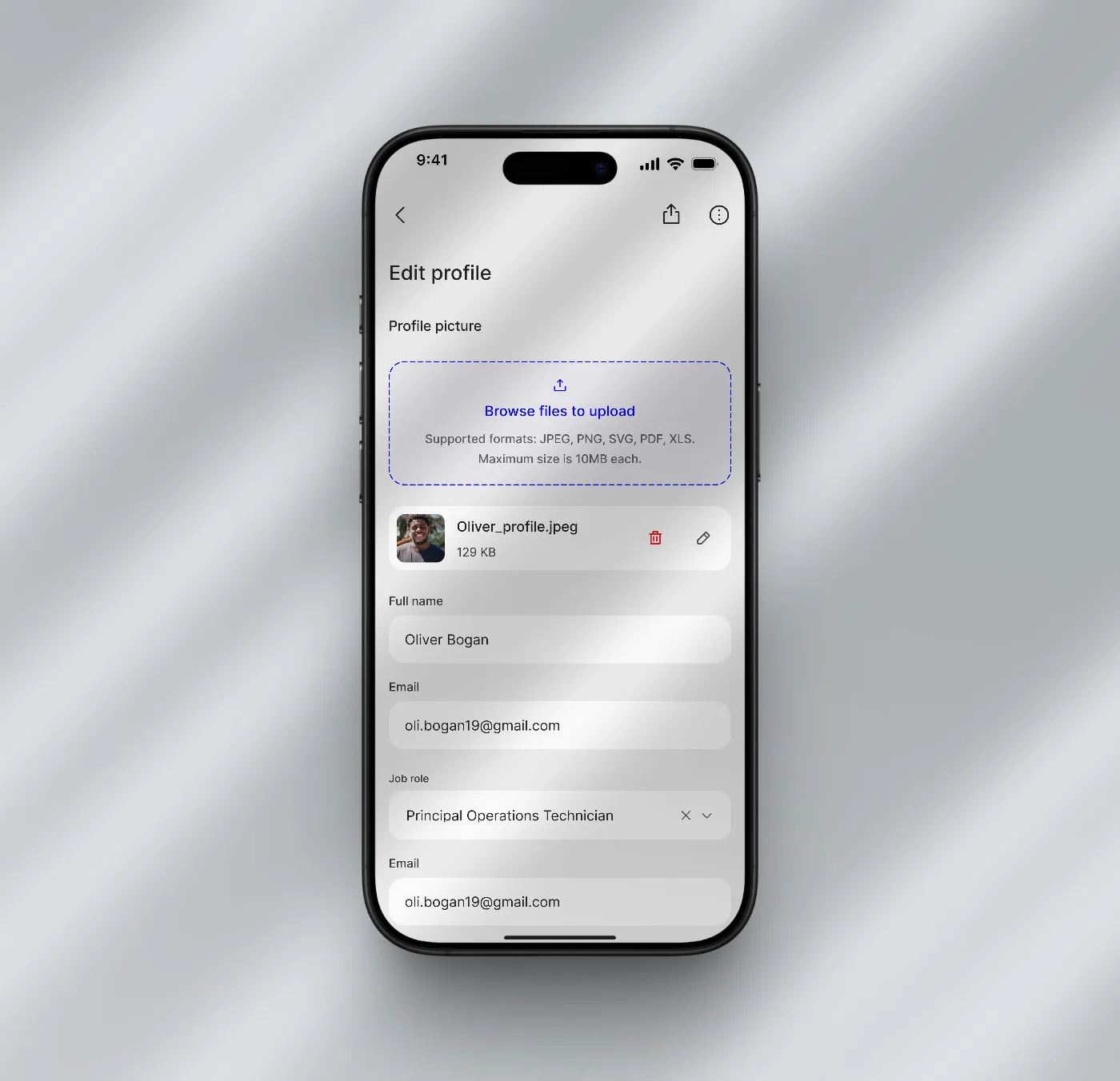 Mobile profile editing screen designed with OutSystems UI Kit 2025