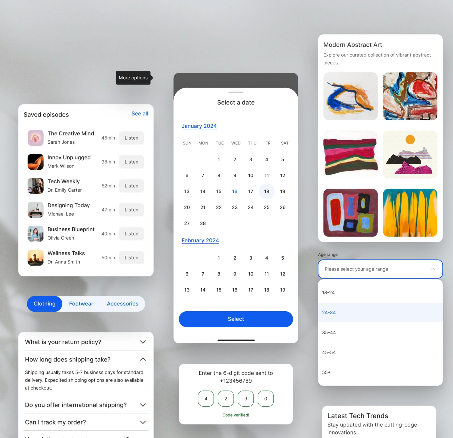 UI component variants — lists, calendars, and dropdowns — designed with OutSystems UI Kit 2025